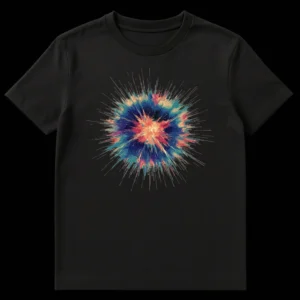 Abstract digital art t-shirt with a multi-colored burst explosion of orange, red, blue, and teal on a black background on Black t-shirt