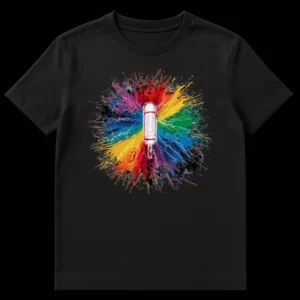 Dynamic Paintball Explosion T-Shirt with Vibrant Rainbow Splatters on Black t-shirt