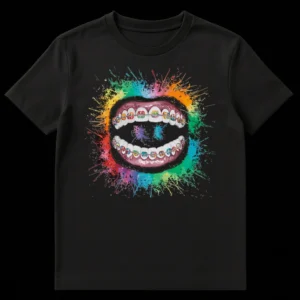 T-shirt design featuring an open mouth with rainbow braces and vibrant multi-colored paint splatters on a black background, celebrating orthodontics and self-expression. on Black t-shirt