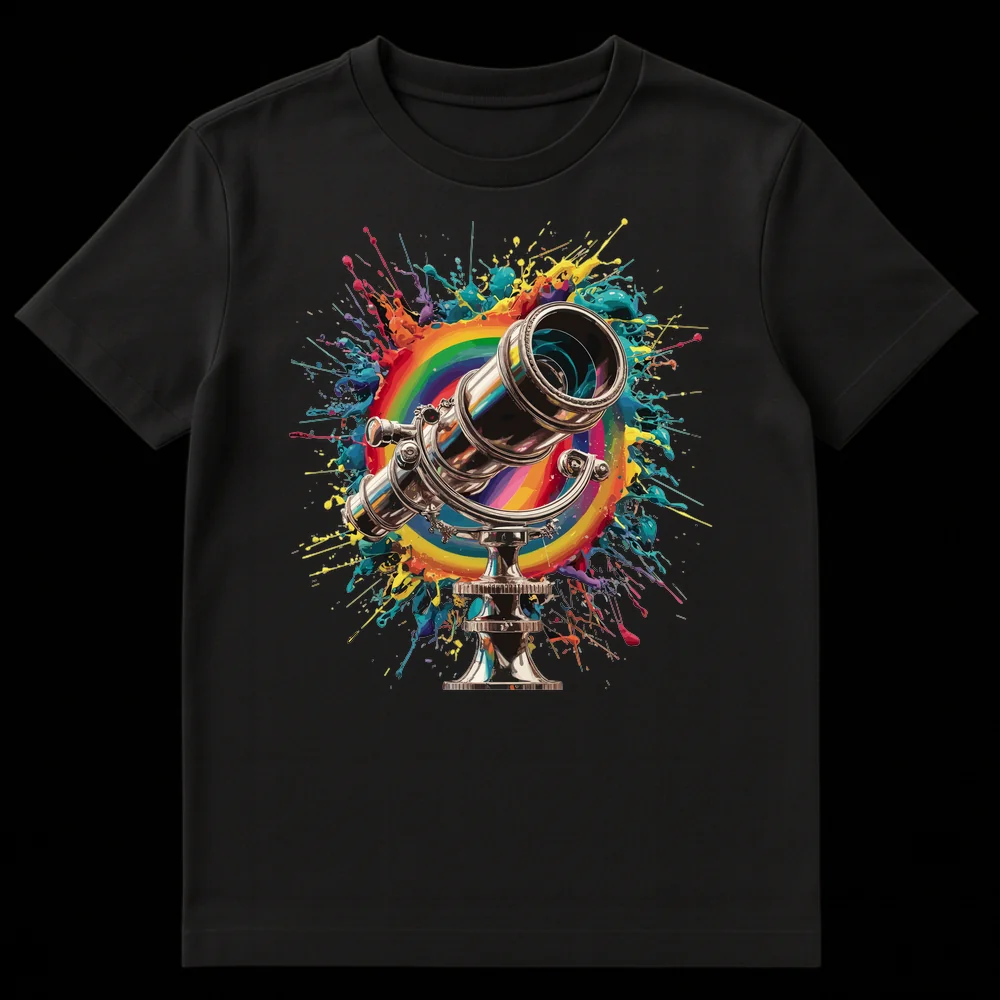Metallic telescope with rainbow and paint splatters on a black t-shirt, symbolizing discovery and colorful vision. on Black t-shirt