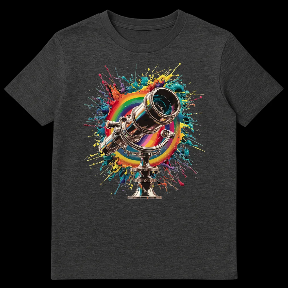 Metallic telescope with rainbow and paint splatters on a black t-shirt, symbolizing discovery and colorful vision. on Dark Heather t-shirt