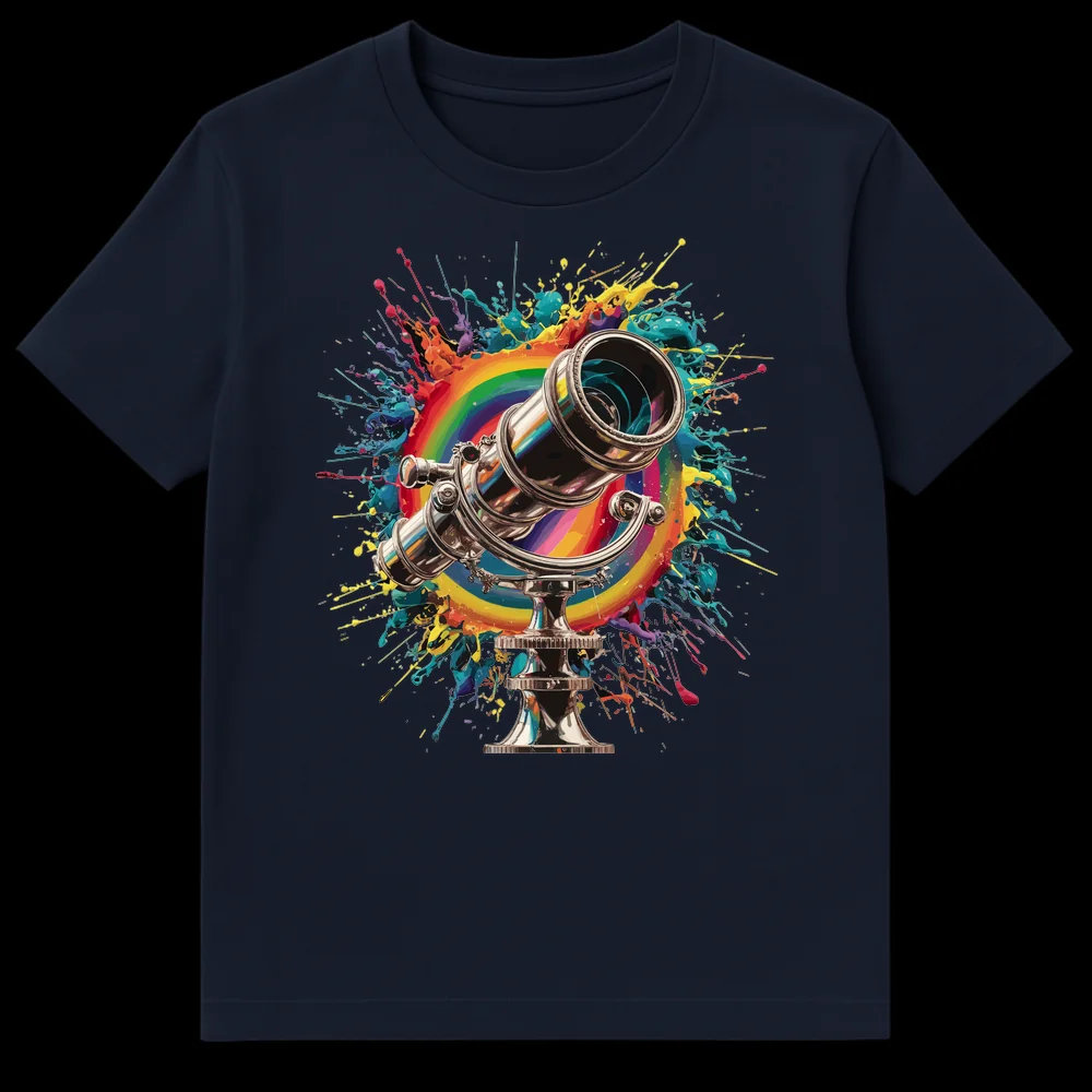 Metallic telescope with rainbow and paint splatters on a black t-shirt, symbolizing discovery and colorful vision. on Navy Blue t-shirt