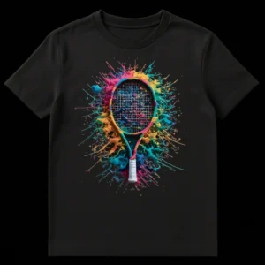 Vibrant paint splatter tennis racket t-shirt design with multi-chromatic colors on black background on Black t-shirt