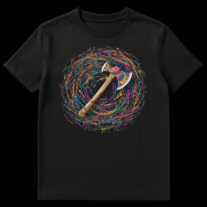 Vibrant Axe Paint Splatter T-Shirt with colorful abstract art design on black fabric, featuring a double-bladed axe creating a rainbow splash. on Black t-shirt