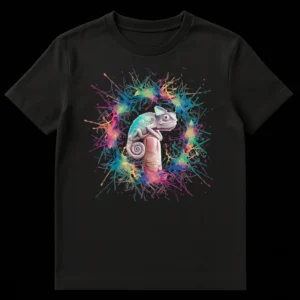 Chameleon Lover Vibrant Paint Splatter Reptile Art Unisex T-Shirt, artistic chameleon on finger with colorful paint splash background on Black t-shirt