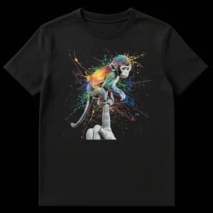 Colorful monkey sitting on a human middle finger with paint splatters, against a black background. Design is humorous and defiant. on Black t-shirt