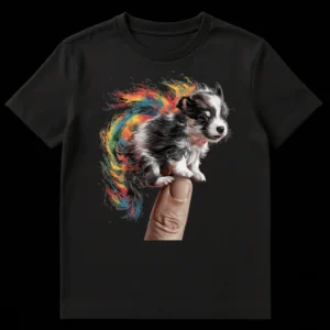T-shirt design featuring a tiny puppy balancing on a finger with a vibrant rainbow energy burst. on Black t-shirt