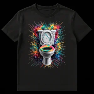 Exploding Toilet Art T-Shirt featuring a toilet with multi-colored paint splatters and drips in abstract, street art style on Black t-shirt