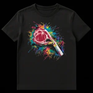 Tomahawk Steak Splatter T-Shirt with vibrant multi-color paint splashes on black fabric on Black t-shirt