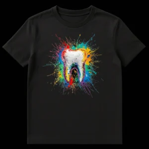 Dynamic Tooth Art T-Shirt featuring a stylized molar tooth surrounded by an explosion of vibrant, colorful paint splatters against a black background. on Black t-shirt