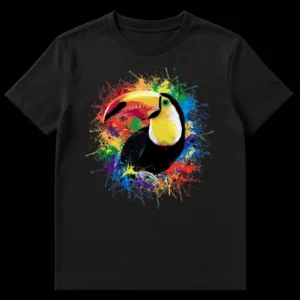 Vibrant Toucan Paint Splatter T-Shirt featuring an exotic bird with a colorful beak amidst an explosion of rainbow paint on a black background. on Black t-shirt