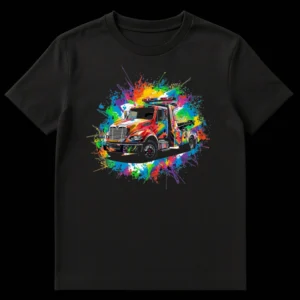 Vibrant pop art style t-shirt featuring a heavy-duty tow truck covered in colorful paint splatters against a black background. on Black t-shirt