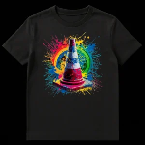 Urban Splatter Cone T-Shirt featuring a stylized multi-colored traffic cone with vibrant paint splatters on a black background on Black t-shirt