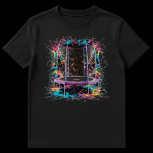 Vibrant trampoline t-shirt with dynamic paint splatters and 'TRARDOCIS' text in neon colors on a black background, capturing explosive energy and fun. on Black t-shirt