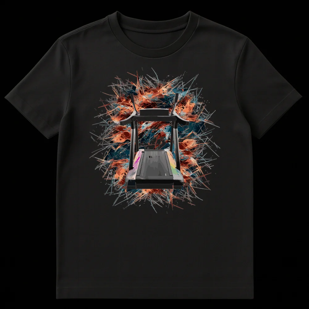 Unisex black t-shirt with a dynamic treadmill workout graphic featuring an abstract explosion of orange, teal, and blue colors around a realistic treadmill on Black t-shirt
