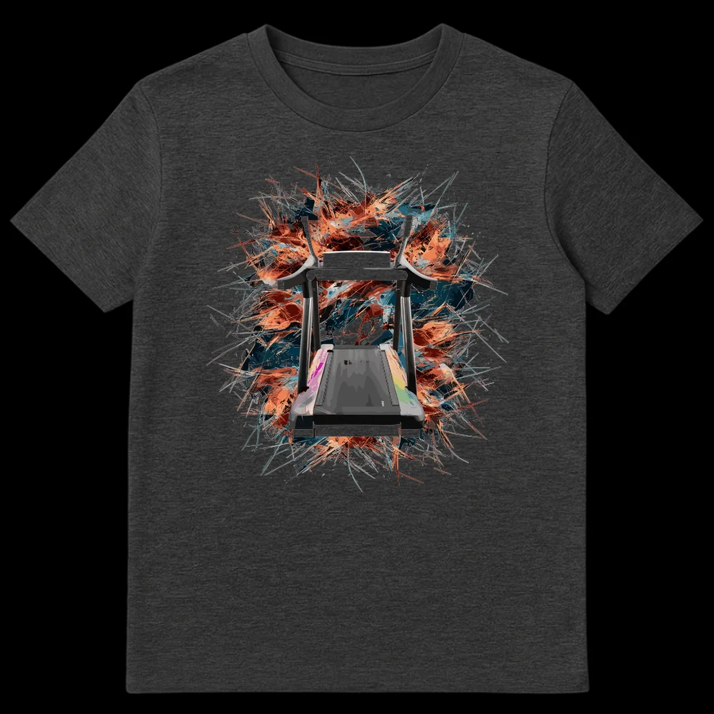 Unisex black t-shirt with a dynamic treadmill workout graphic featuring an abstract explosion of orange, teal, and blue colors around a realistic treadmill on Dark Heather t-shirt