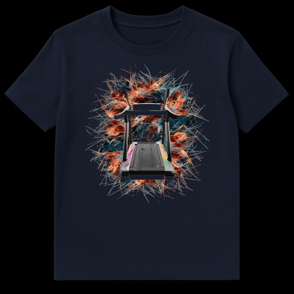 Unisex black t-shirt with a dynamic treadmill workout graphic featuring an abstract explosion of orange, teal, and blue colors around a realistic treadmill on Navy Blue t-shirt