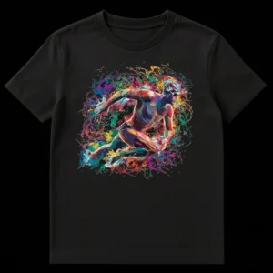 Vibrant abstract t-shirt design featuring a swimmer in dynamic motion surrounded by colorful paint splatters in blues, purples, and oranges against a black background. on Black t-shirt