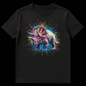 Colorful abstract expressionist Triceratops dinosaur t-shirt design with paint splatters against a black background. on Black t-shirt