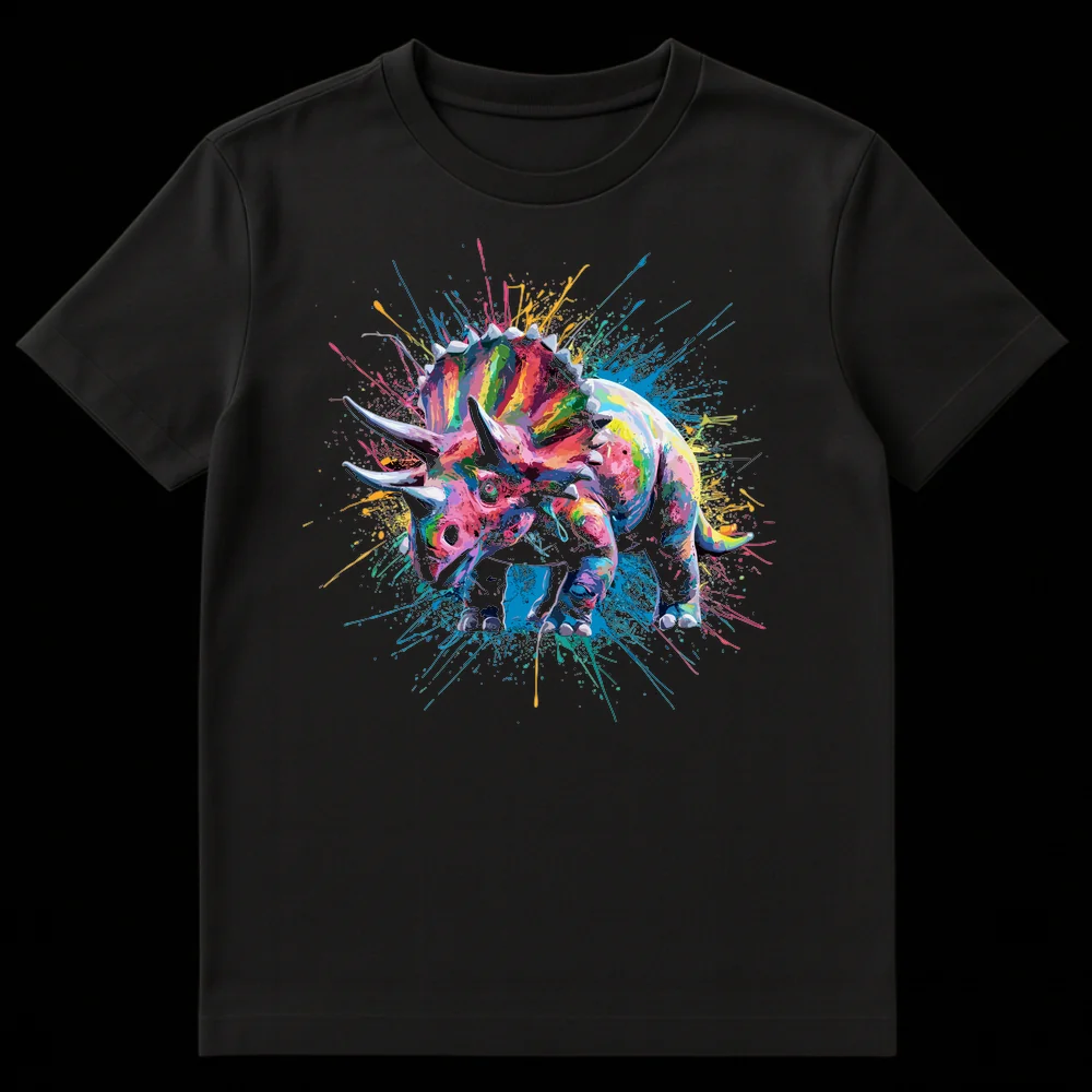Colorful abstract expressionist Triceratops dinosaur t-shirt design with paint splatters against a black background. on Black t-shirt