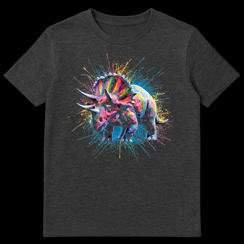 Colorful abstract expressionist Triceratops dinosaur t-shirt design with paint splatters against a black background. on Dark Heather t-shirt