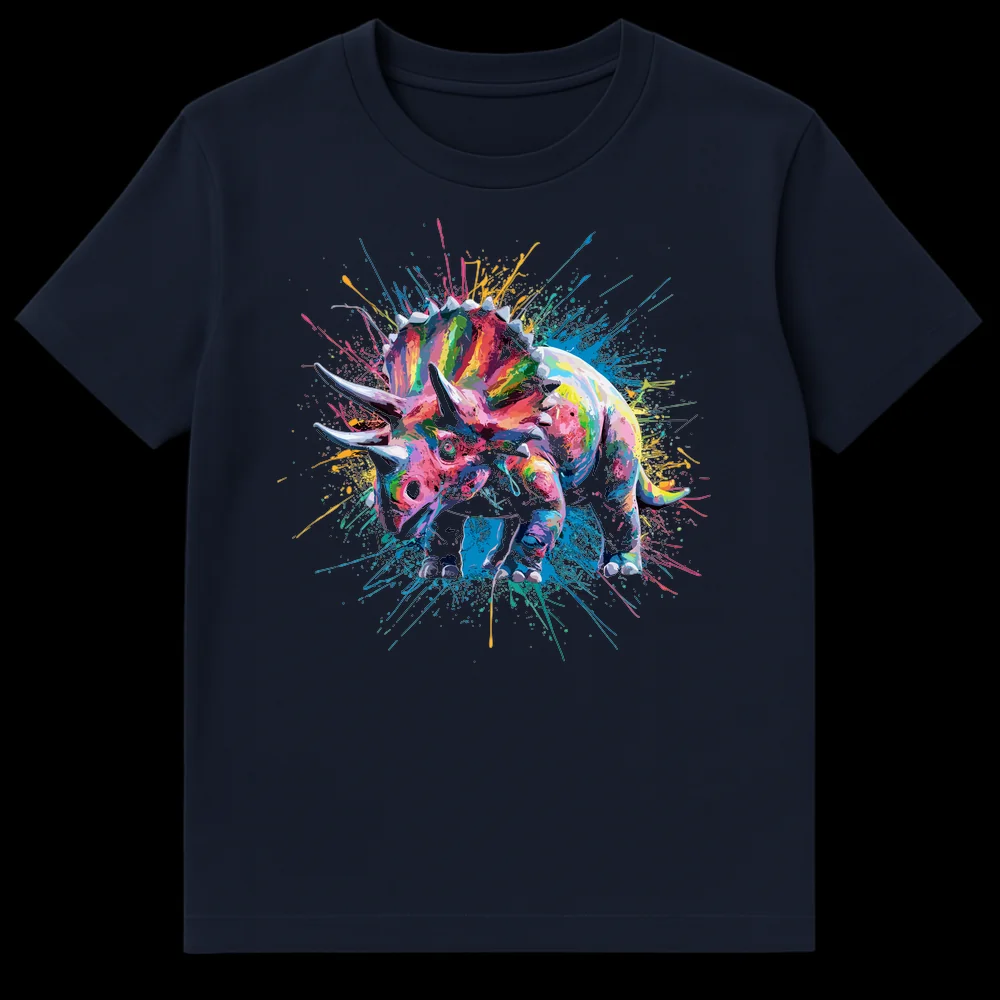 Colorful abstract expressionist Triceratops dinosaur t-shirt design with paint splatters against a black background. on Navy Blue t-shirt