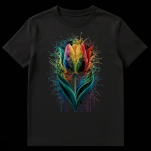 Vibrant Rainbow Splatter Tulip T-Shirt on a black background, showcasing a deconstructed tulip with exploding rainbow paint colors. on Black t-shirt