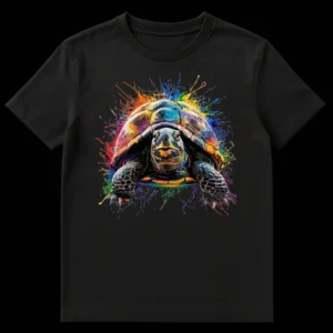 Vibrant rainbow splatter art turtle t-shirt on a black background, featuring a majestic turtle with colorful paint splashes on Black t-shirt