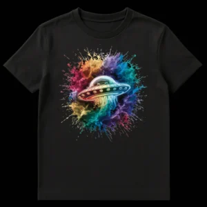 Vibrant UFO t-shirt with a retro flying saucer and rainbow paint splatters on a black background on Black t-shirt