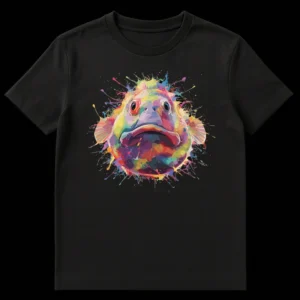 Rainbow splatter art t-shirt featuring a grumpy fish head with vibrant colors against a black background. on Black t-shirt