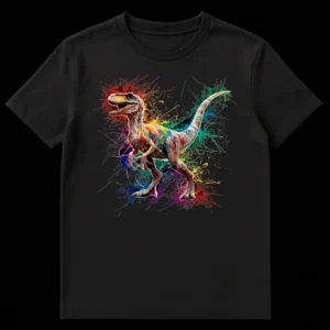 Vibrant paint-splattered Velociraptor dinosaur graphic t-shirt on a black background on Black t-shirt