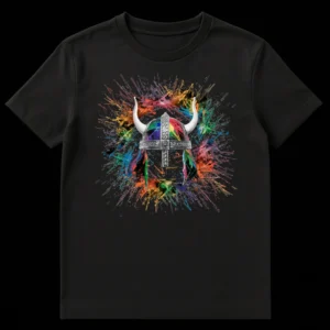 Colorful Viking Helmet T-Shirt with Rainbow Paint Splatter Design on Black t-shirt