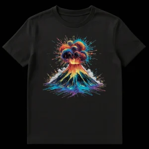 Rainbow Volcano Explosion abstract art design on a black t-shirt, featuring vibrant multi-colored paint splashes depicting a volcano eruption. on Black t-shirt