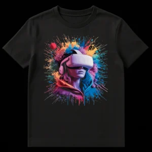 Person wearing Samsung VR headset with vibrant, multi-colored paint splatters exploding around them on a black background, representing virtual reality immersion. on Black t-shirt
