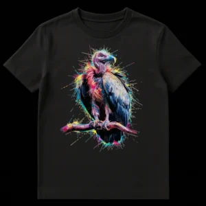 Vibrant Vulture Bird T-Shirt with colorful splatter art design featuring a griffon vulture against a black background on Black t-shirt