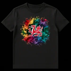 Welsh Red Dragon T-Shirt with vibrant ink splash background, celebrating Welsh culture and heritage. on Black t-shirt