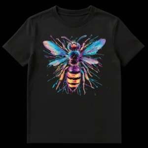 Vibrant splatter art bee t-shirt design on black background, showcasing multi-color paint splashes of blues, purples, yellows, and fuchsia around a stylized bee graphic. on Black t-shirt