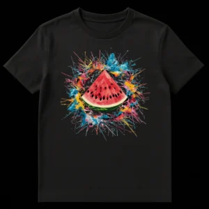 Watermelon Splatter T-Shirt featuring a vibrant watermelon slice surrounded by an explosion of multi-colored paint splatters on a black background. on Black t-shirt