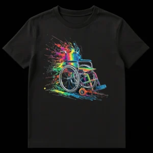 Dynamic rainbow paint splattered wheelchair on a black t-shirt, symbolizing inclusivity and empowerment for wheelchair users on Black t-shirt