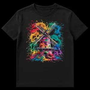 Rainbow Windmill Explosion T-Shirt design featuring a Dutch windmill made of vibrant, abstract paint splatters against a black background. on Black t-shirt