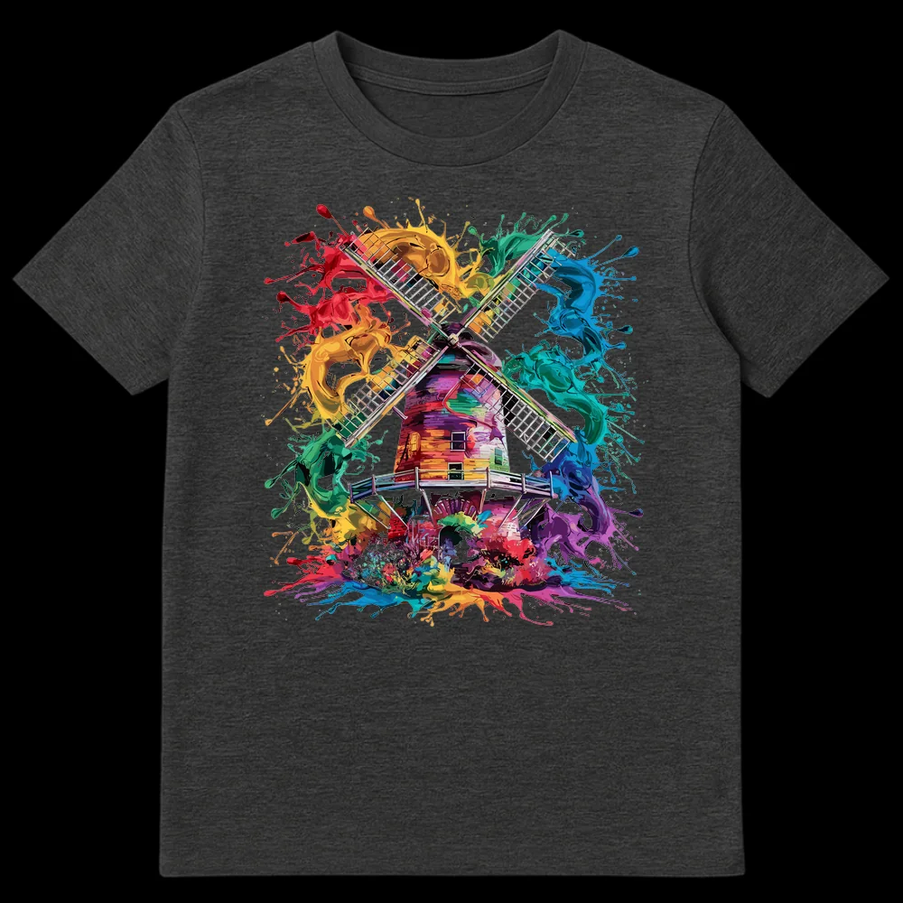 Rainbow Windmill Explosion T-Shirt design featuring a Dutch windmill made of vibrant, abstract paint splatters against a black background. on Dark Heather t-shirt
