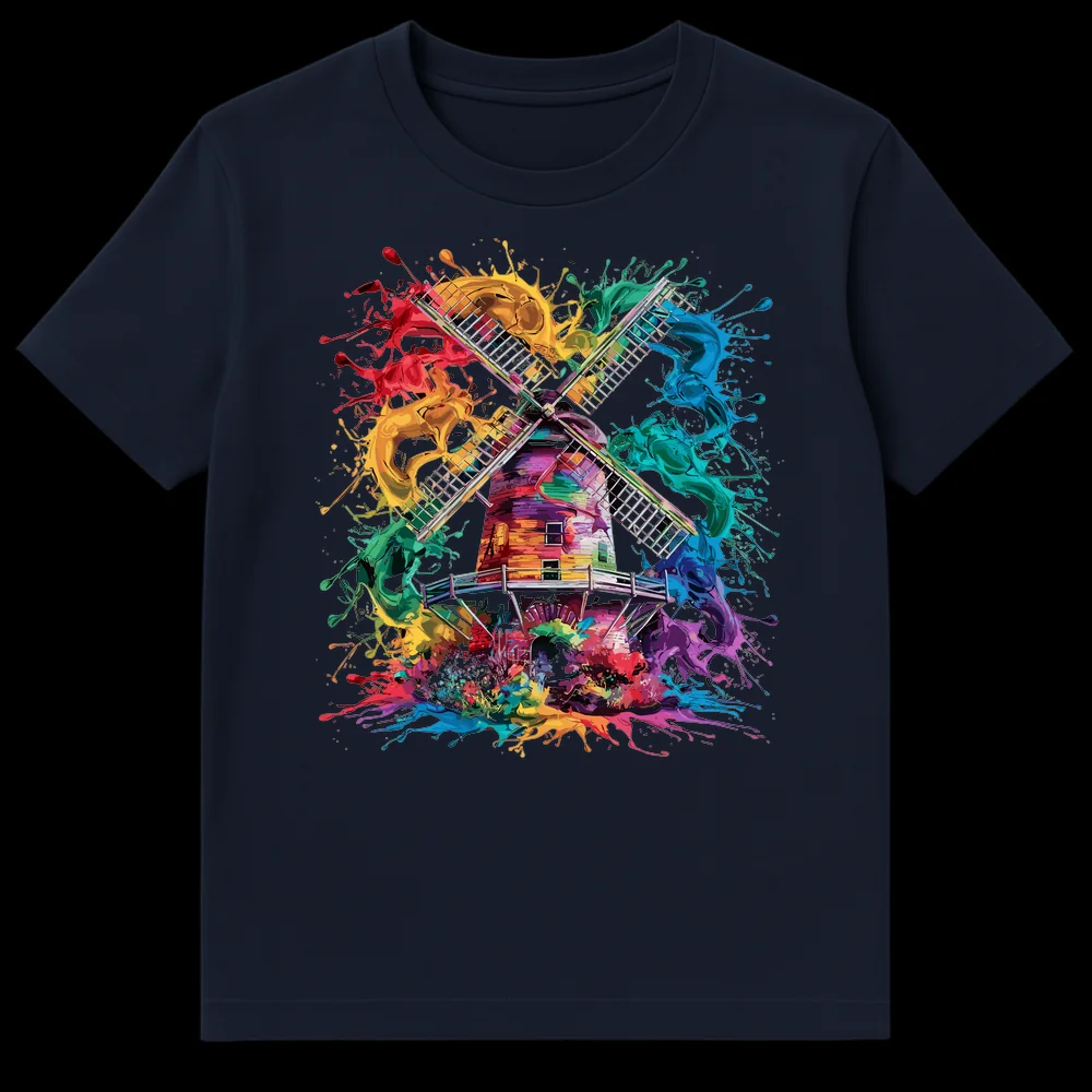 Rainbow Windmill Explosion T-Shirt design featuring a Dutch windmill made of vibrant, abstract paint splatters against a black background. on Navy Blue t-shirt