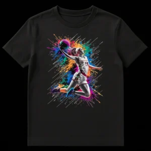 Tennessee Lady Vols women's basketball t-shirt featuring a female player in mid-air with vibrant paint splatters and 'TENNESSEE 10' text. on Black t-shirt