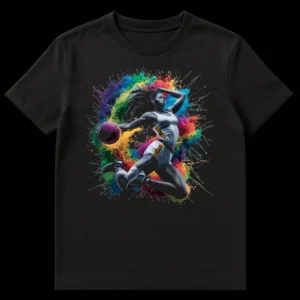 Female basketball player t-shirt with rainbow paint splatters and purple basketball on a black background, vector art style on Black t-shirt