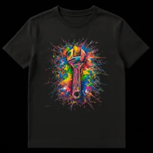 Abstract splatter paint design on a black t-shirt featuring a metallic adjustable wrench surrounded by vibrant neon paint splashes in electric blue, lime green, pink, and orange. on Black t-shirt