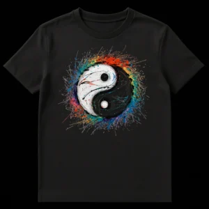 Abstract Expressionist Yin Yang symbol t-shirt with vibrant paint splatters on black background, symbolizing balance and creativity. on Black t-shirt