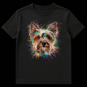 Vibrant splatter art t-shirt featuring a Yorkshire Terrier dog's head with colorful paint on a black background on Black t-shirt