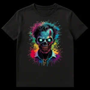 Vibrant Undead Art T-Shirt with colorful splatter paint zombie design on black on Black t-shirt