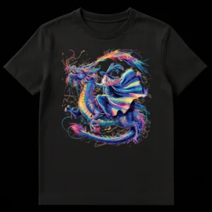 Vibrant Neo-Expressionist Fantasy Illustration of a wizard riding a rainbow-colored dragon against a black background. on Black t-shirt