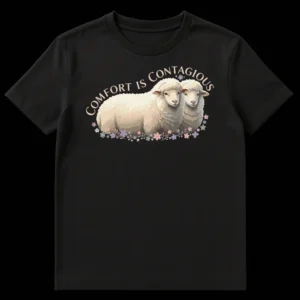 Black t-shirt with two fluffy cream-colored sheep and pastel flowers, above arched text 'Comfort Is Contagious' on Black t-shirt